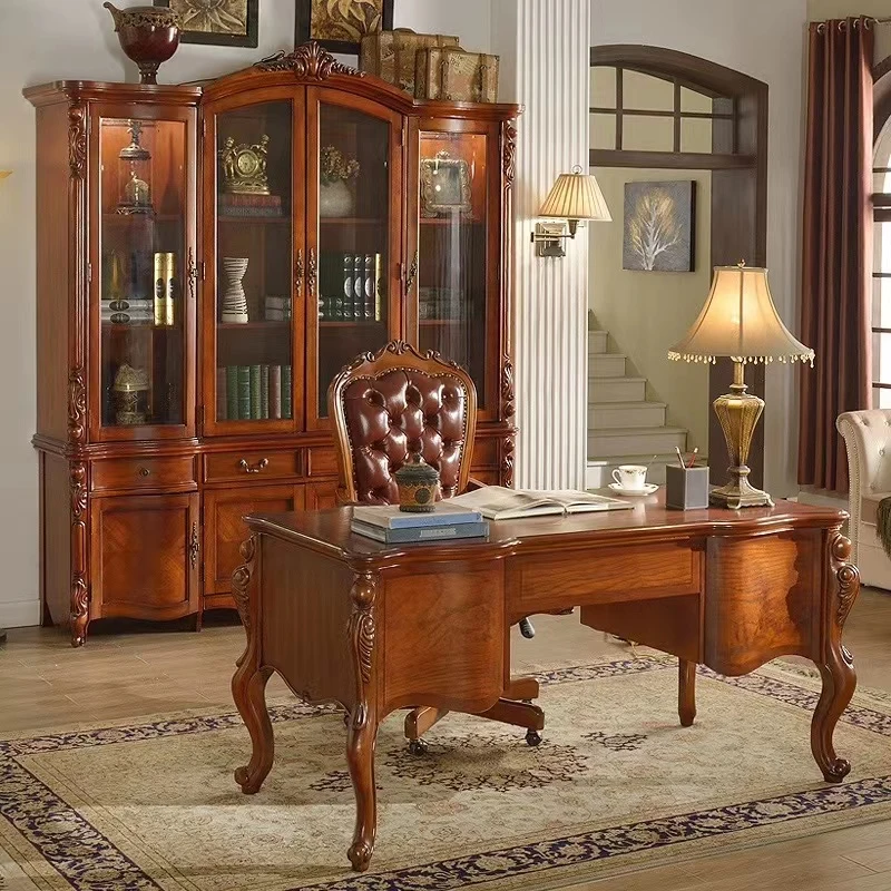金屋豪庭美式实木书桌客厅复古办公桌简美大班台家用电脑桌书法桌