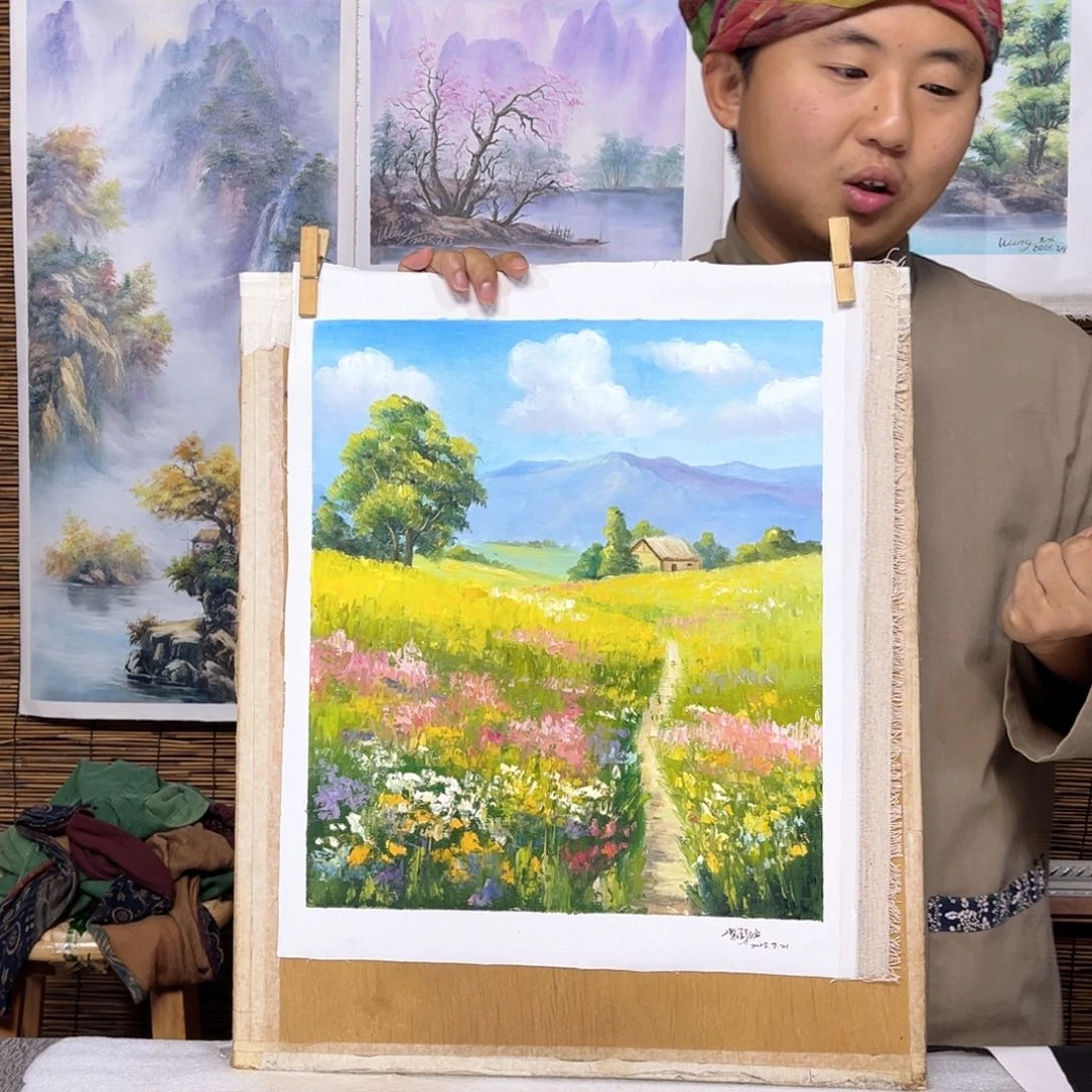 油画行路人小院绘画作品竞拍