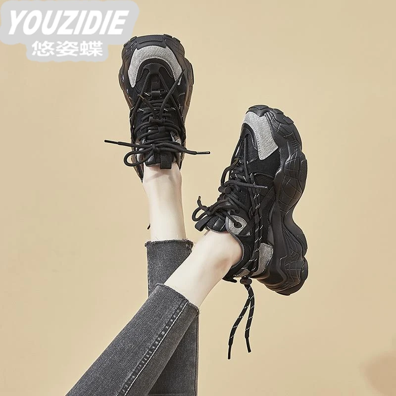 YOUZIDIE2025春秋季新款休闲松糕厚底老爹鞋女百搭ins潮黑色显脚
