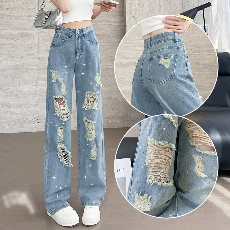 烫钻破洞直筒牛仔裤女夏季高腰遮腿型今年流行美式辣妹窄版阔腿裤