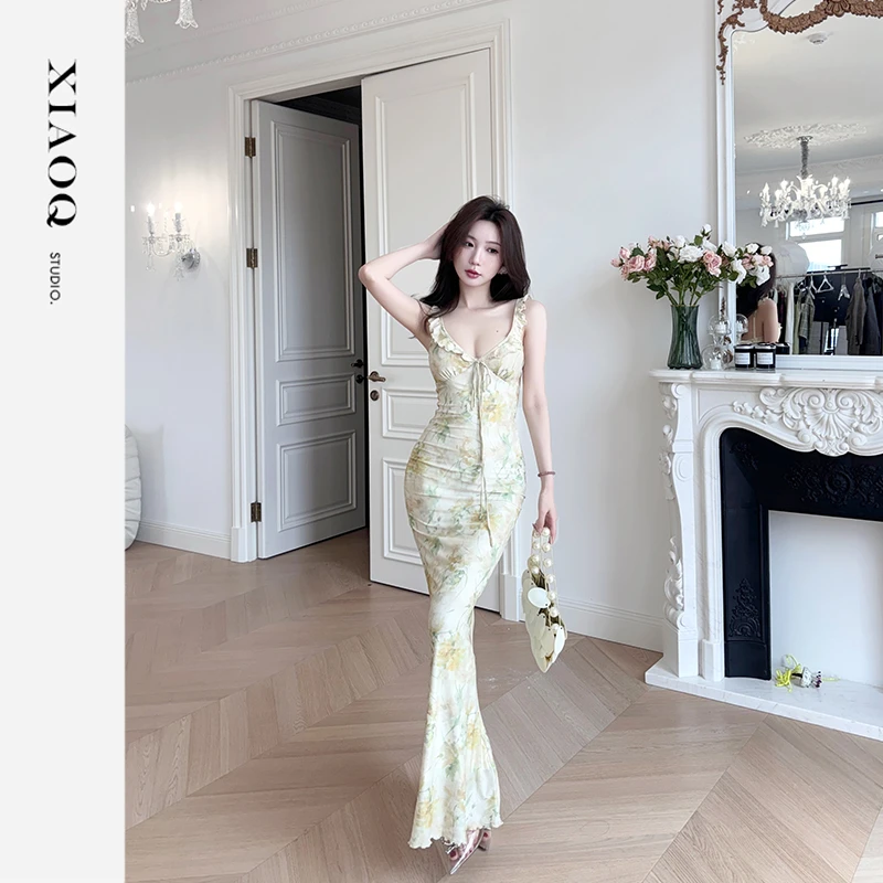 【小Q家】96326度假风碎花v领吊带收腰长裙