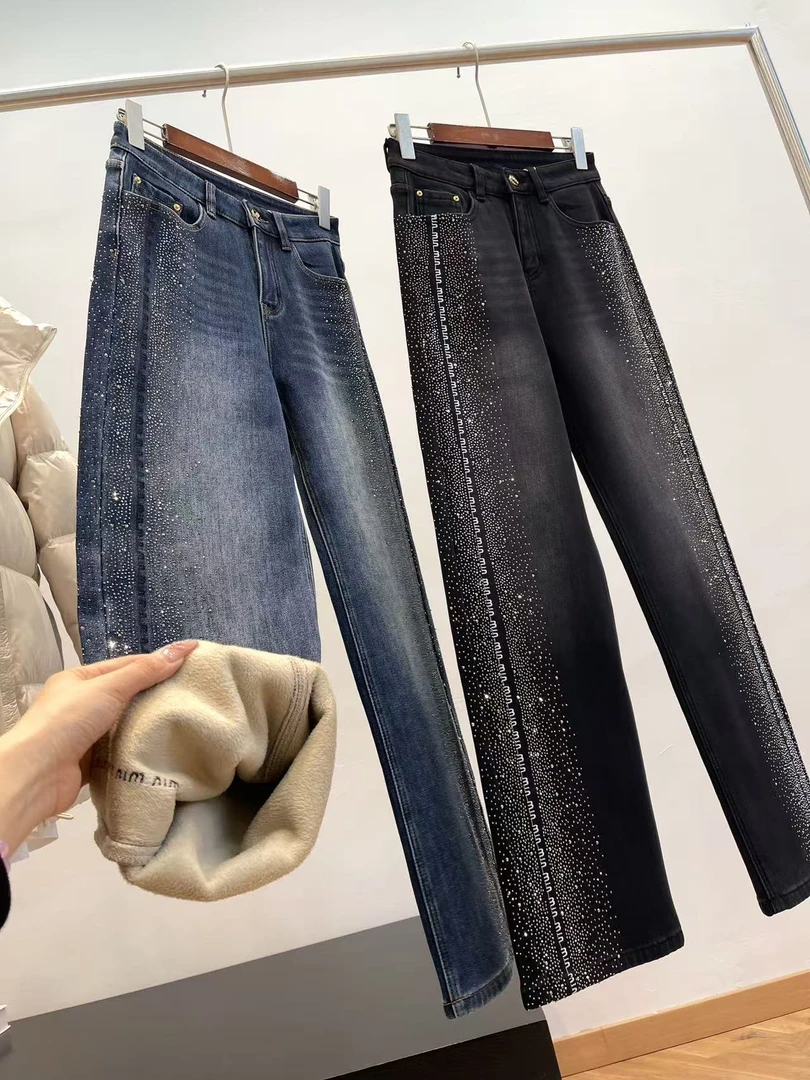 B暖感密绒！加绒加厚！ 星芒刺绣密绒微弹女牛仔裤阔腿裤E304 H7629