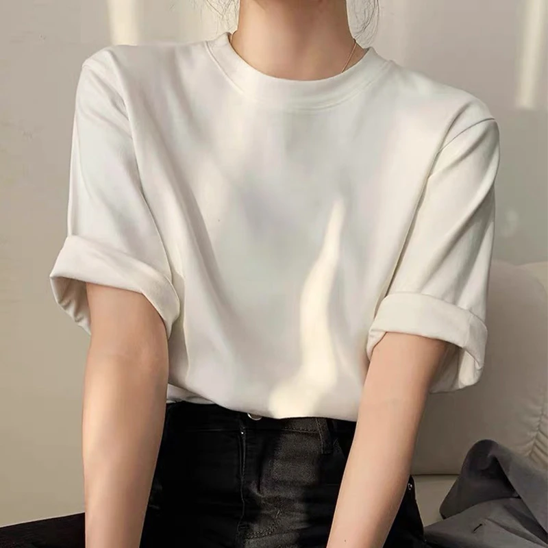 女装230g纯棉短袖T恤宽松版型纯色百搭内搭打底衫代发白色黑色杏