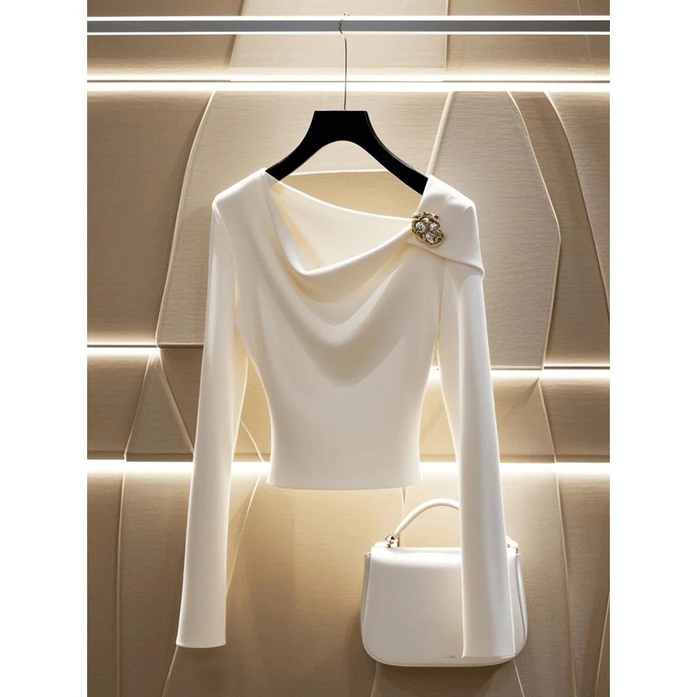 2024新款高级感轻熟风白色长袖T恤高端设计感小众荡领法式上衣秋