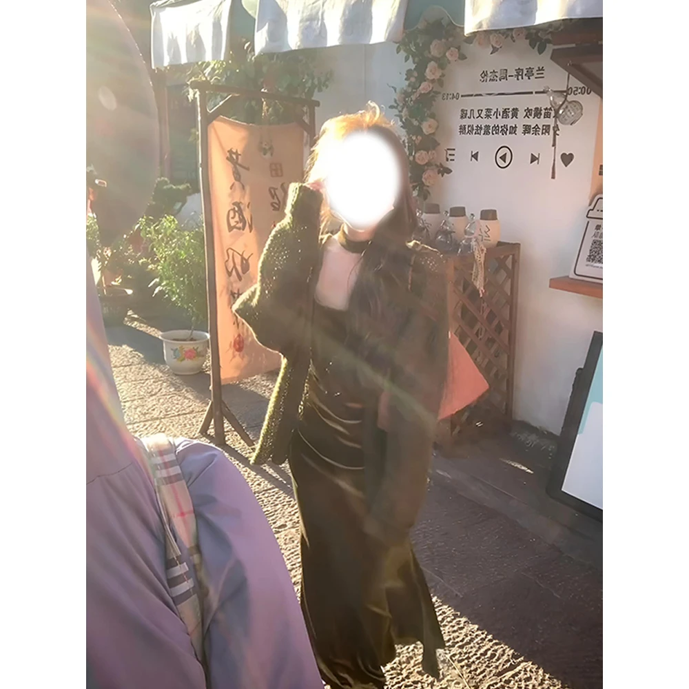 森系穿搭设计感镂空针织开衫上衣女秋季新款高质感吊带连衣裙套装