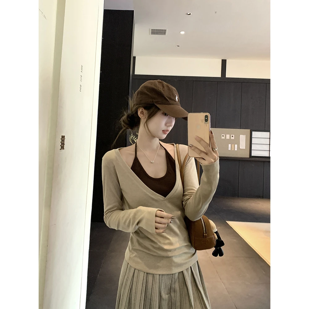 乌77美式复古v领套装女修身显瘦打底罩衫挂脖系带叠穿吊带两件套