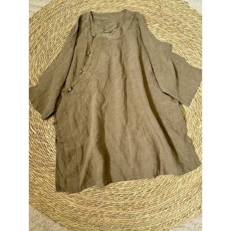 25115砂洗亚麻斜襟盘扣中盘复古文艺百搭衣长85胸围140