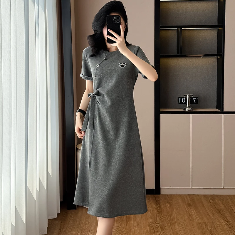梨型身材显瘦圆领连衣裙2025夏季新款大码高级感休闲减龄宽松裙子