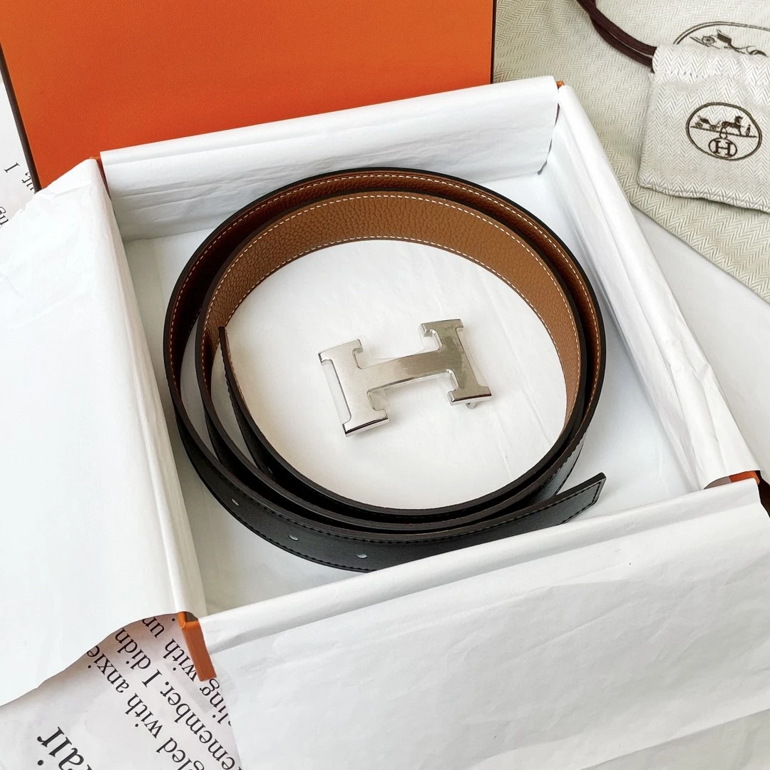 99新 Hermes/爱马仕 金棕/黑双面腰带宽32cm拉丝bjm2-7573