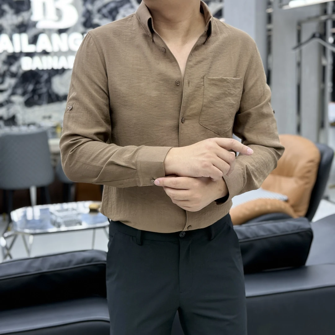 BERHAD天然亚麻棉混纺挽袖衬衫夏季老钱透气百搭高端男装专柜同款