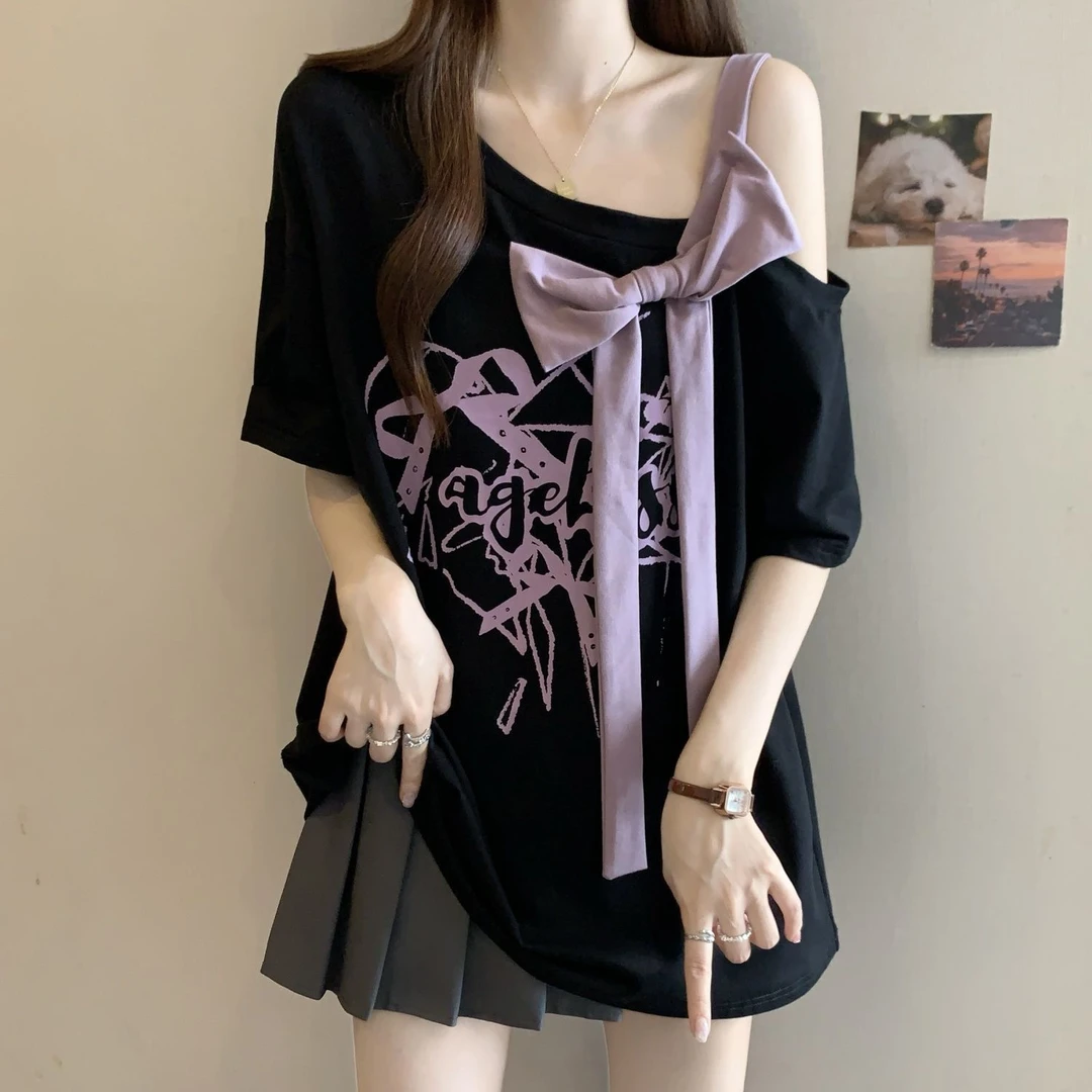 大码立体蝴蝶结露肩短袖t恤女夏季2025新款宽松显瘦遮肉时尚上衣