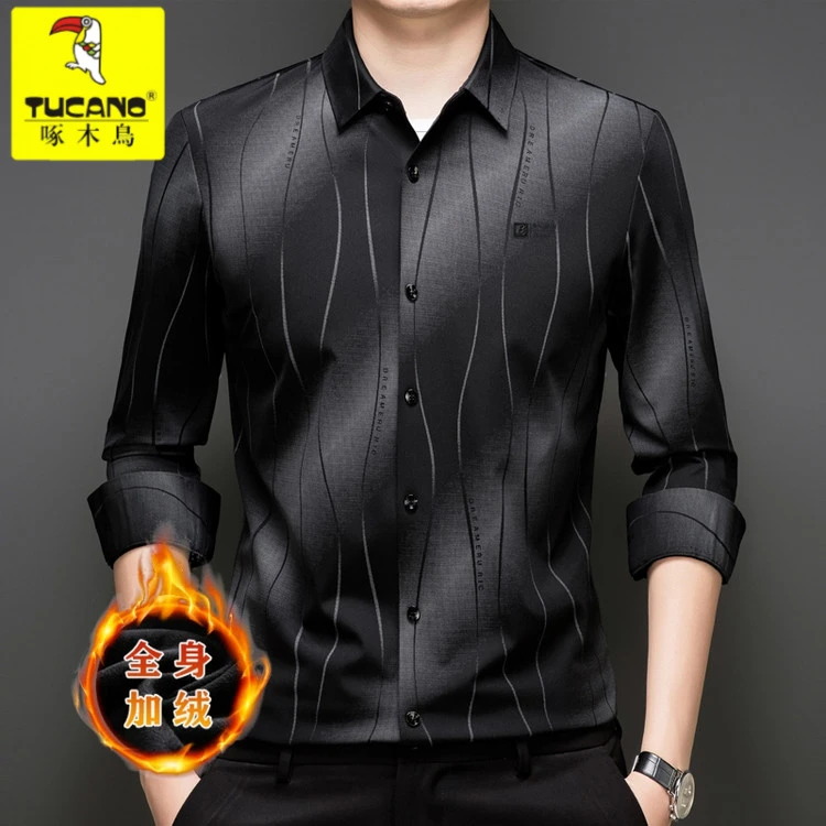 啄木鸟冬季印花男士衬衫无痕商务休闲保暖高档加绒加厚弹力衬衣服