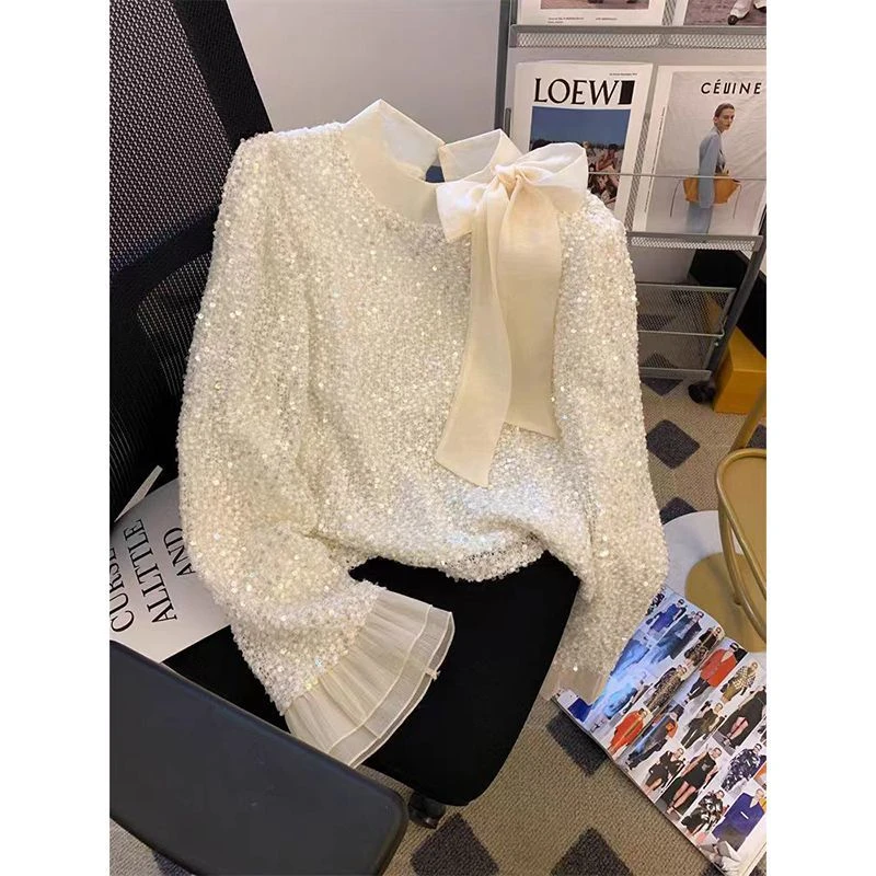 名媛重工亮片蝴蝶结衬衫女2025秋季新款韩系别致喇叭长袖打底上衣