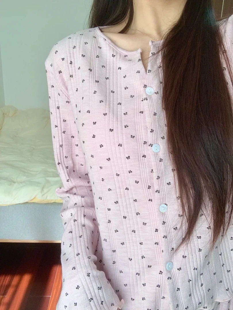 韩系甜美粉嫩嫩碎花睡衣女早秋爆款休闲慵懒风宽松减龄居家服套装