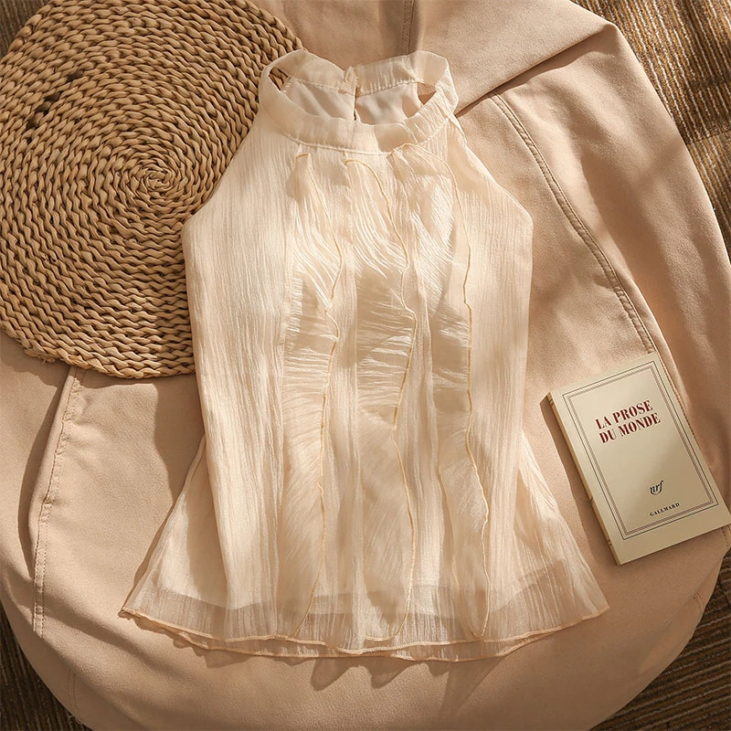 甜美法式温柔风立体花朵挂脖吊带背心女别致小众露肩纯欲无袖上衣