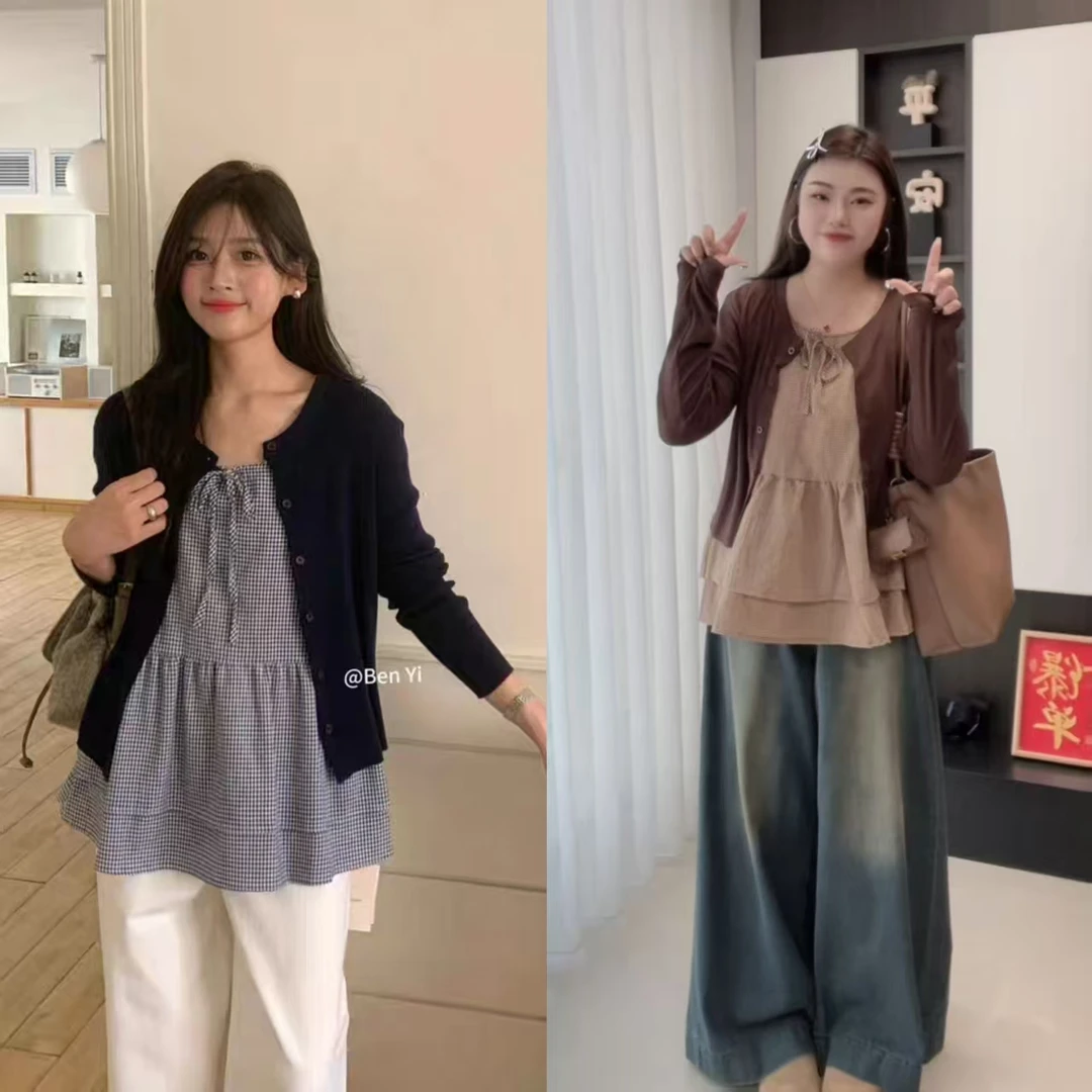 2025早秋新款大码女装韩系甜美风蝴蝶结吊带背心+开衫