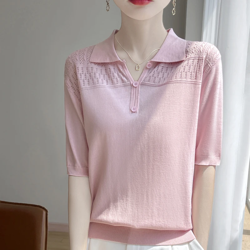 品牌夏季新款纯色翻领短袖针织衫T恤时尚休闲宽松上衣