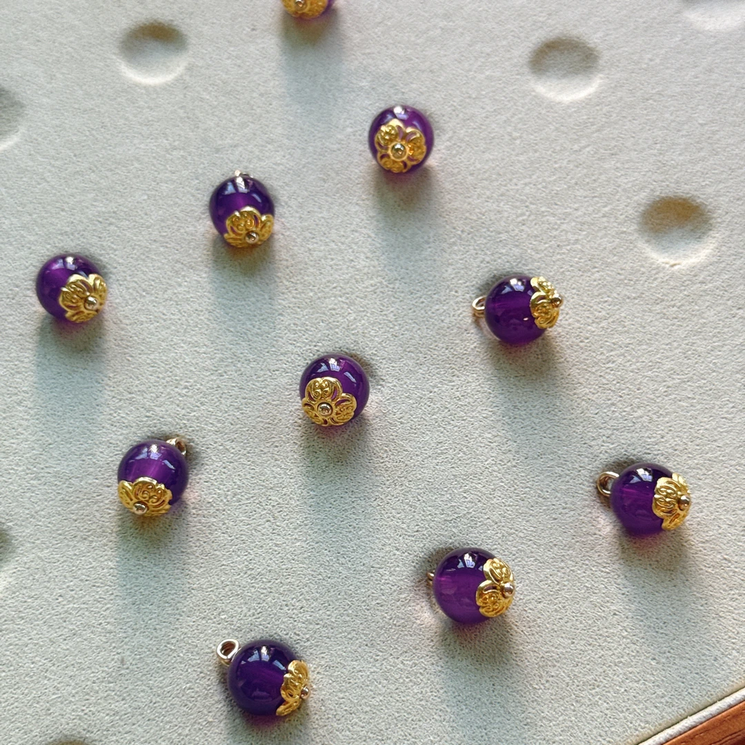 10mm新中式国风紫色琉璃圆珠花托纽扣女装旗袍汉服服装辅料扣子
