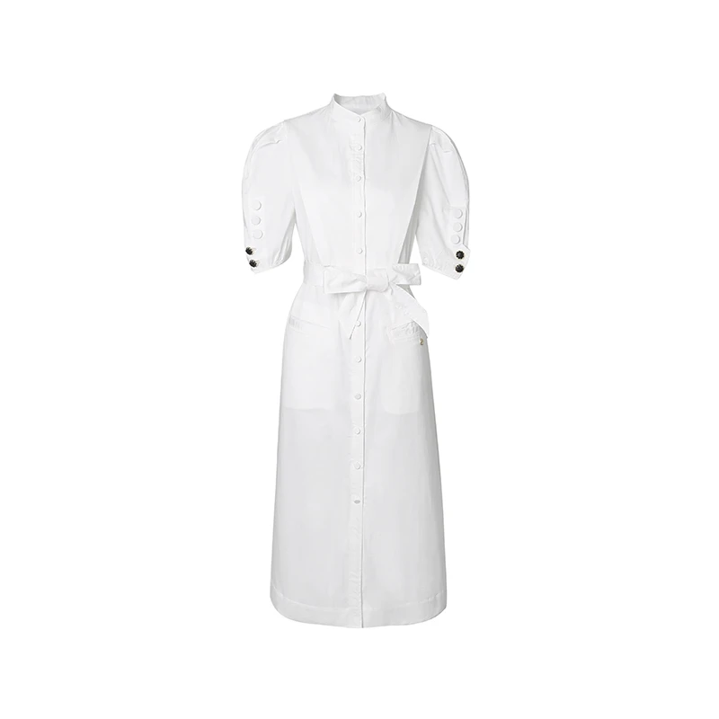 夏季日常连衣裙气质白色纯棉时尚法式中长款修身系带22787