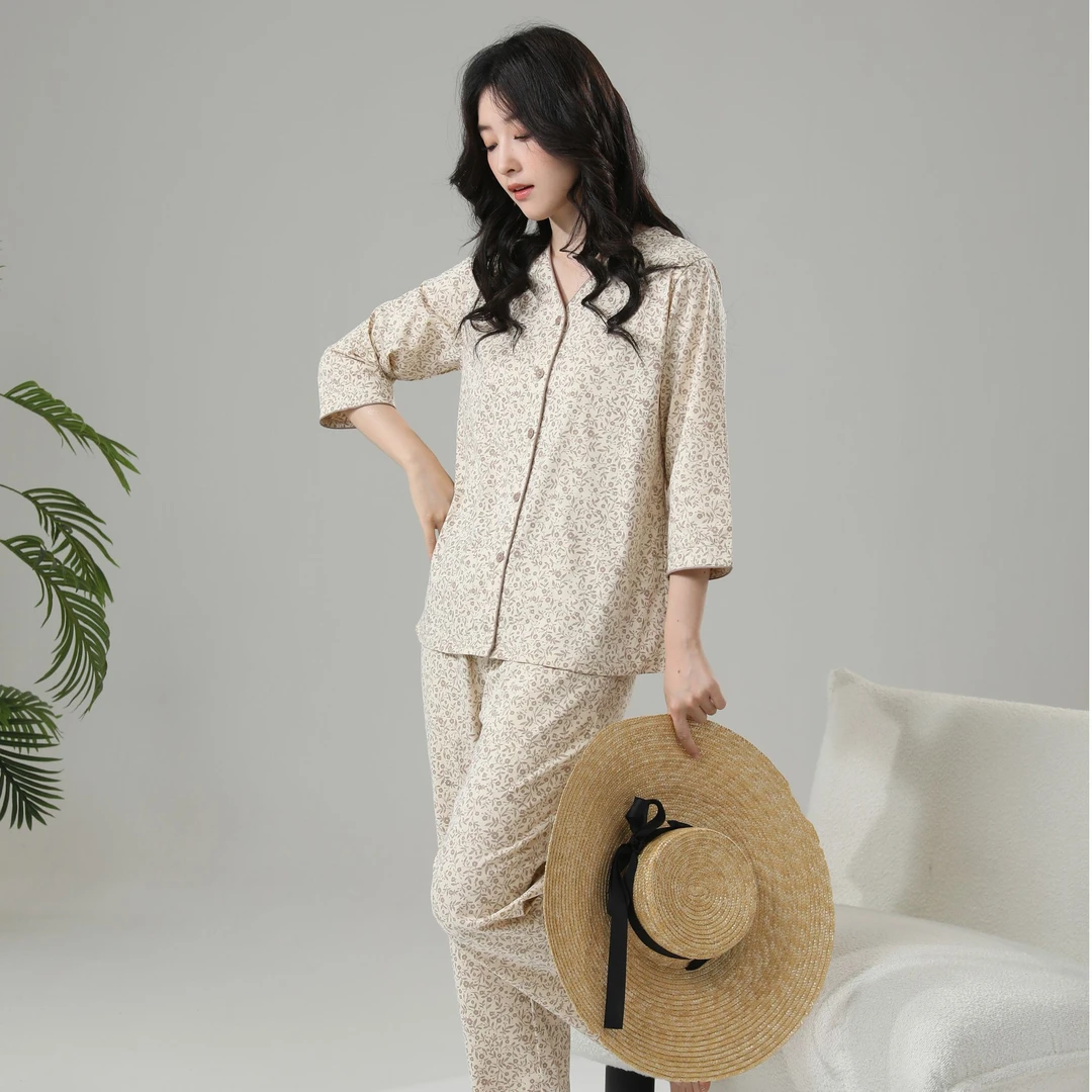 姬玛春款薄款透气棉中年女士七分袖长裤睡衣家居服套装251235