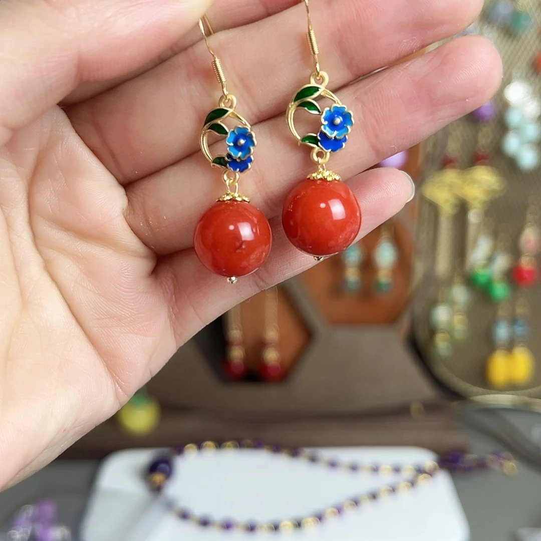 银S925镶嵌耳钉玛瑙/玉髓红色