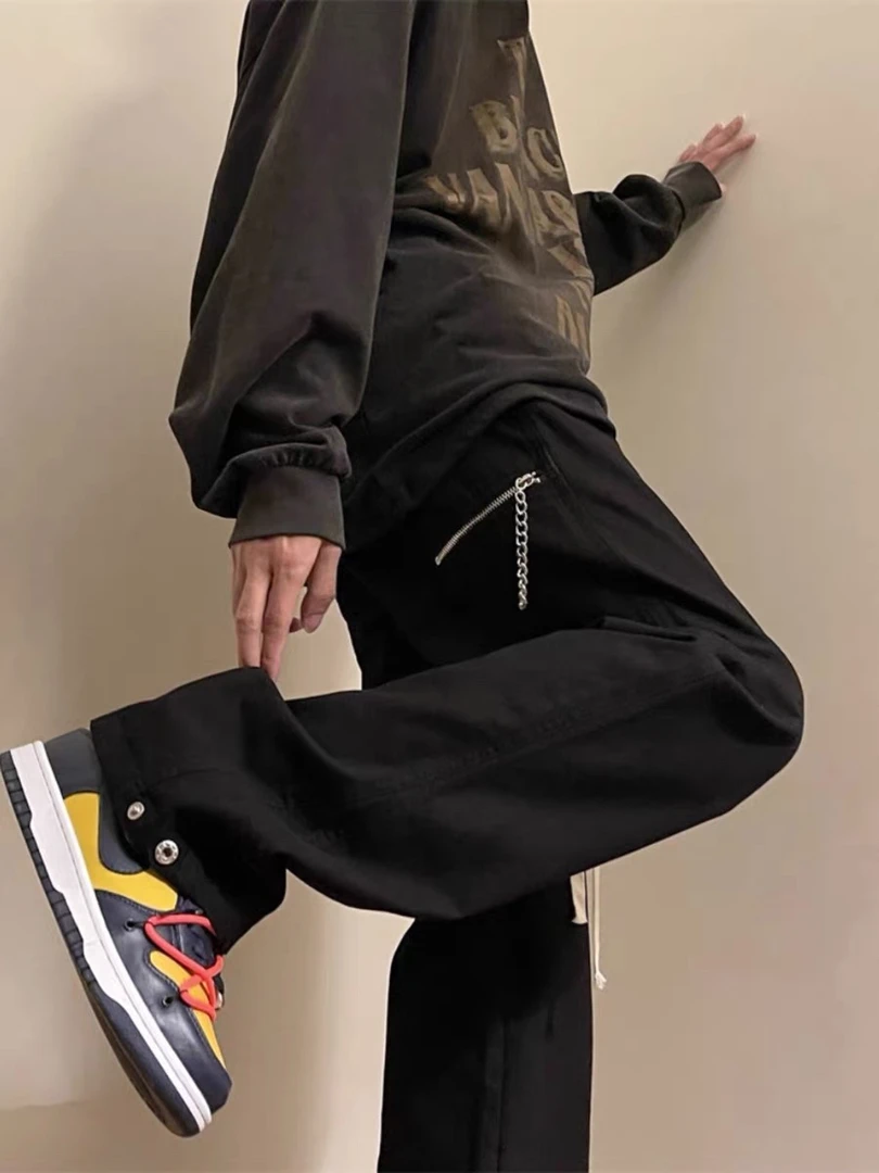 美式vibe高街裤子男款设计感拉链黑色微喇工装裤男宽松直筒冲锋裤