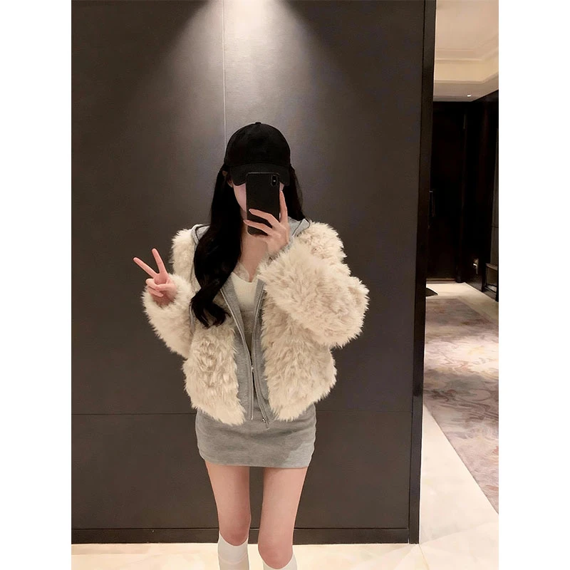 韩系御姐纯欲风时尚洋气INS休闲毛毛长袖外套高腰包臀显瘦半身裙