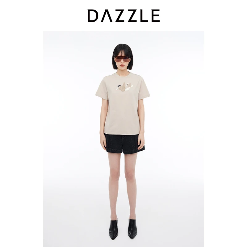 DAZZLE地素 T恤24夏新款女装小鸟刺绣棉质正肩短袖上衣2I2B359