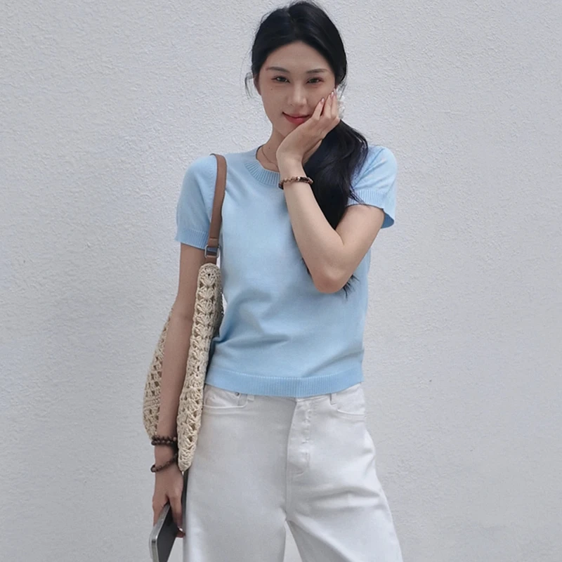 法式高级感奶蓝色正肩短袖t恤女夏季薄款冰丝针织衫奶系温柔上衣