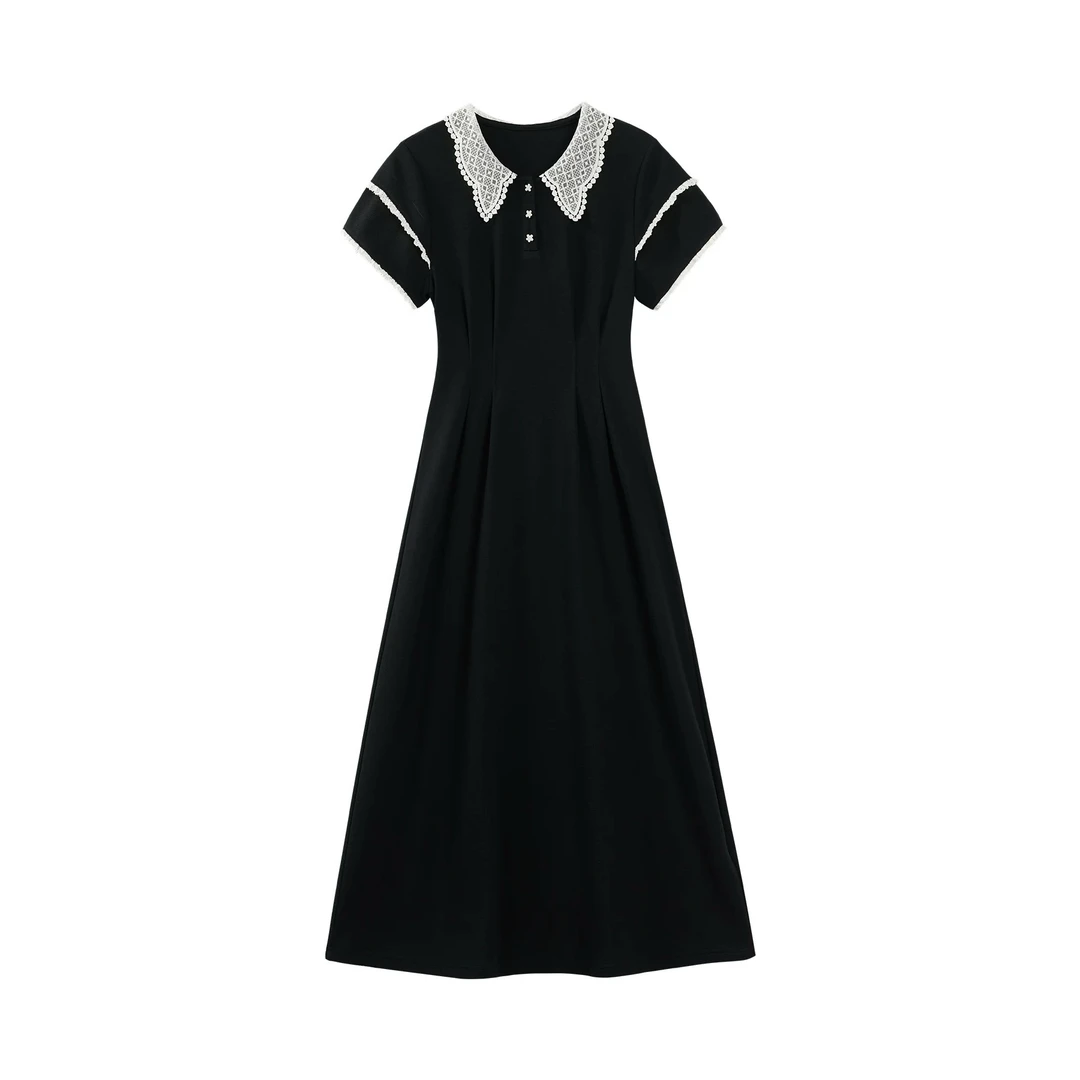 【鹿屿庄】甜美学院风蕾丝领短袖拼接连衣裙L53535-1