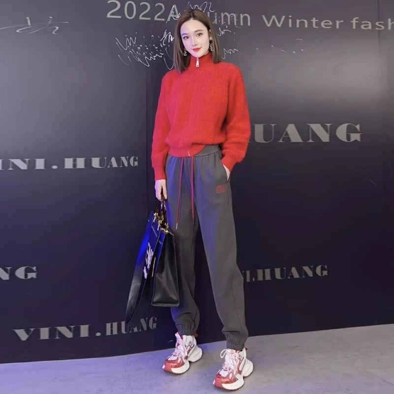 女装秋冬季新款欧货时髦运动洋气红色设计感针织衫哈伦裤两件套