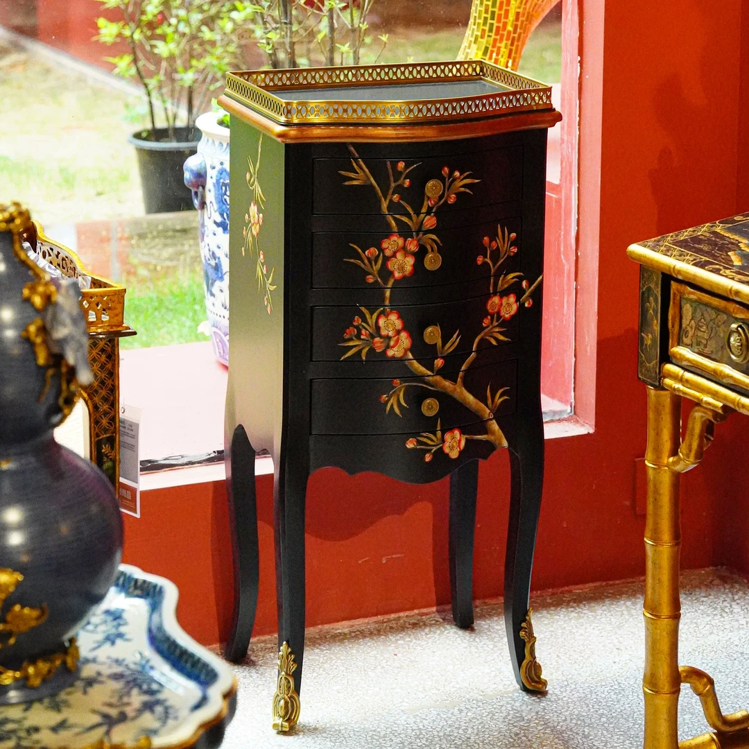 【本尼家】TL55复古手工手绘高脚小边几美式客厅过道花架梅花几