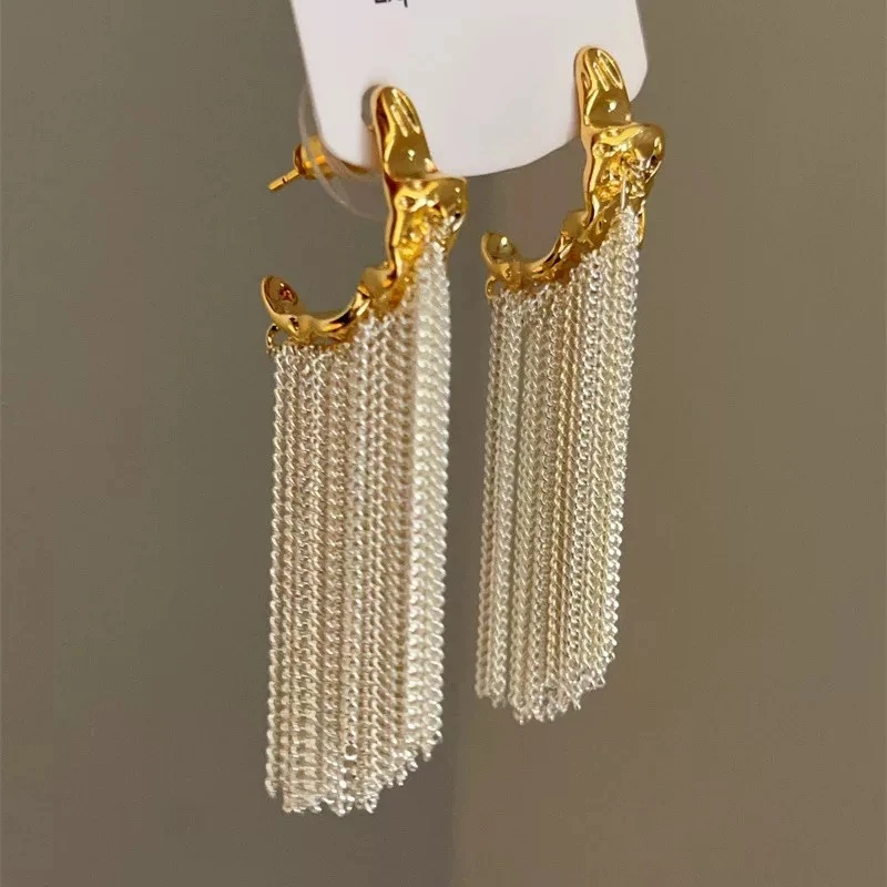 铜合金耳饰 个性小众瀑布流苏耳环高级感气质精致老钱风金色耳饰