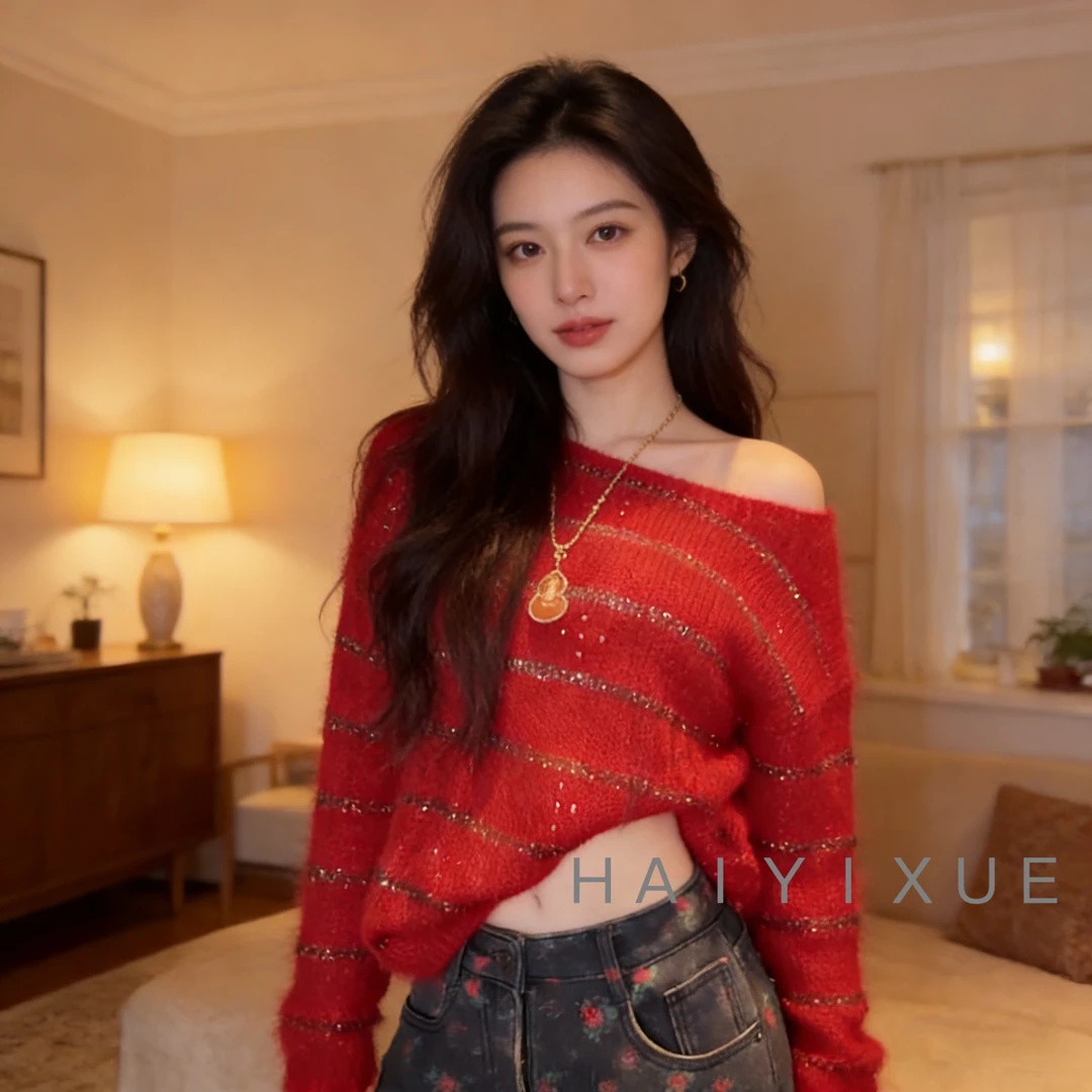 【海哥】时尚软糯宽松胭脂红针织上衣