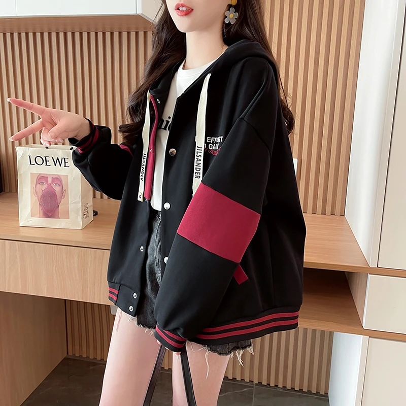 棒球服外套少女春秋装2025新款初中高中学生宽松休闲拼色连帽夹克