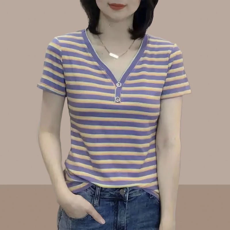 II条纹短袖T恤女士2025年夏季新款设计感V领小个子百搭小衫上衣女