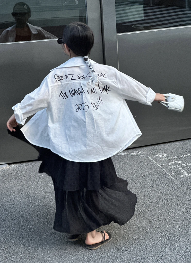 【语汐定制】2025女童新品纯白长袖文字衬衫25563