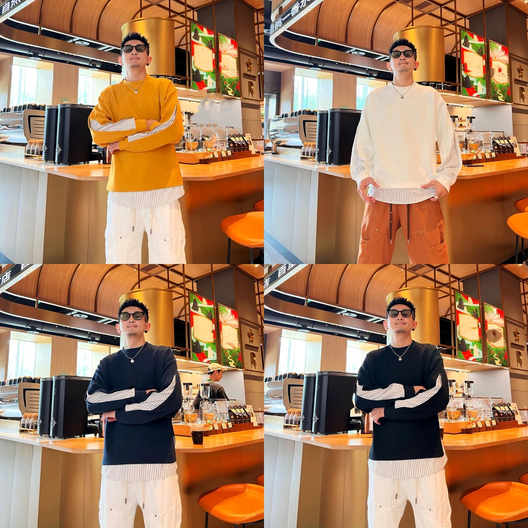 极简风潮流百搭时尚个性条纹拼接设计感假两件男士秋季新款卫衣