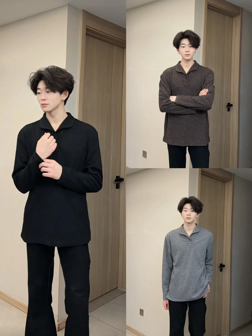 这一秒的心动休闲精致韩风简约纯色长袖针织T恤男宽松百搭上衣