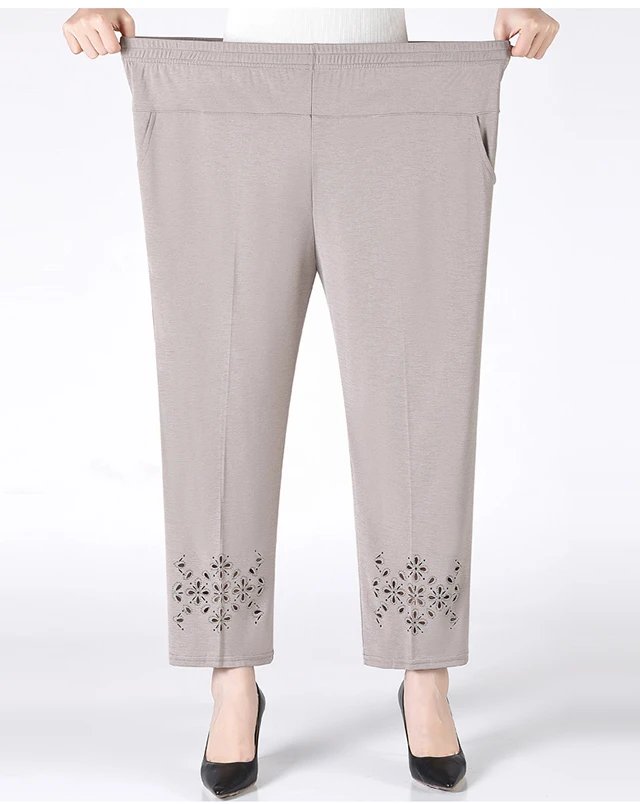 中老年女装九分裤老年人烫钻镂空薄款女裤夏季宽松加大码妈妈装