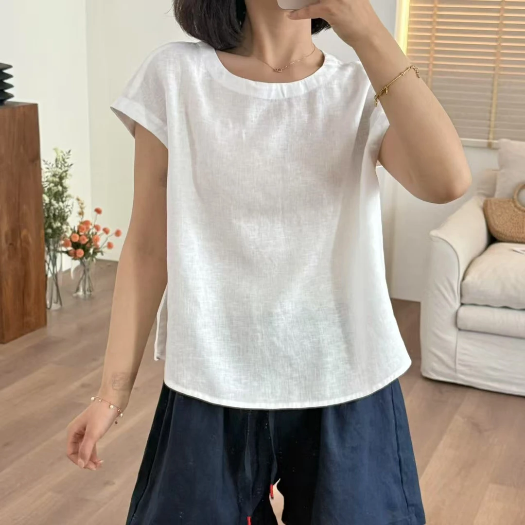 常樂家2025夏季新款纯亚麻薄款飞飞袖套头小衫935