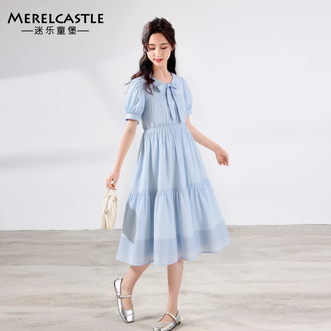 C4891女童中大童连衣裙显瘦气质蓝色时尚夏季收腰甜美休闲连衣裙