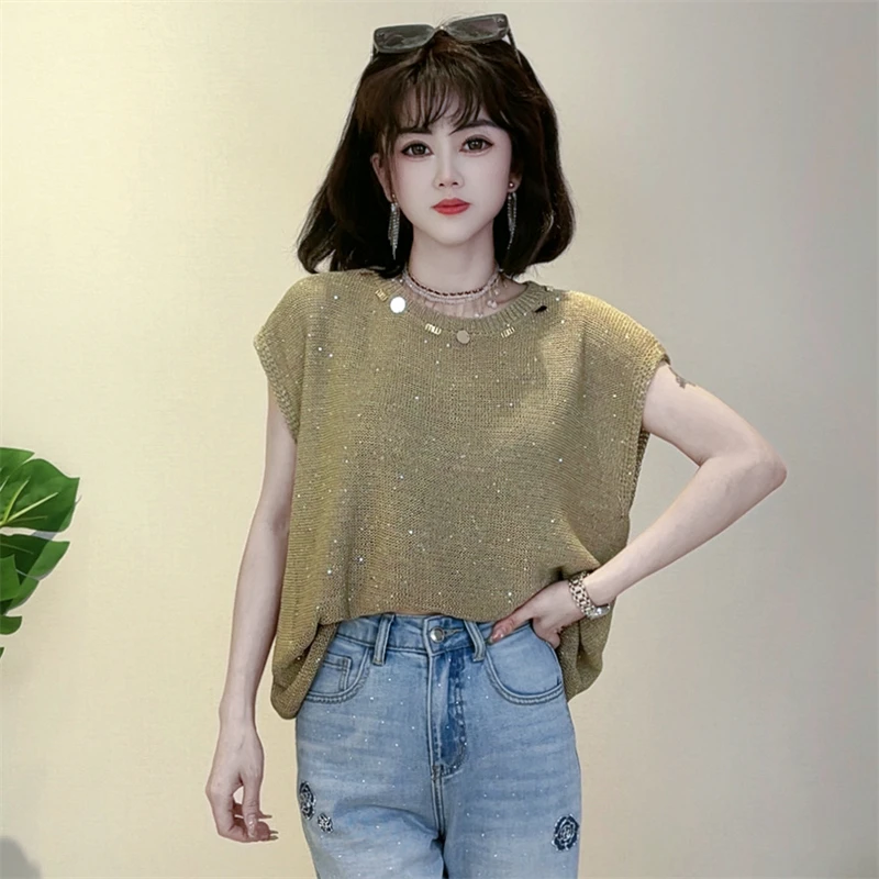 迪否贝壳小飞袖亮片短袖T恤女夏薄款2025新款宽松针织杉上衣2184