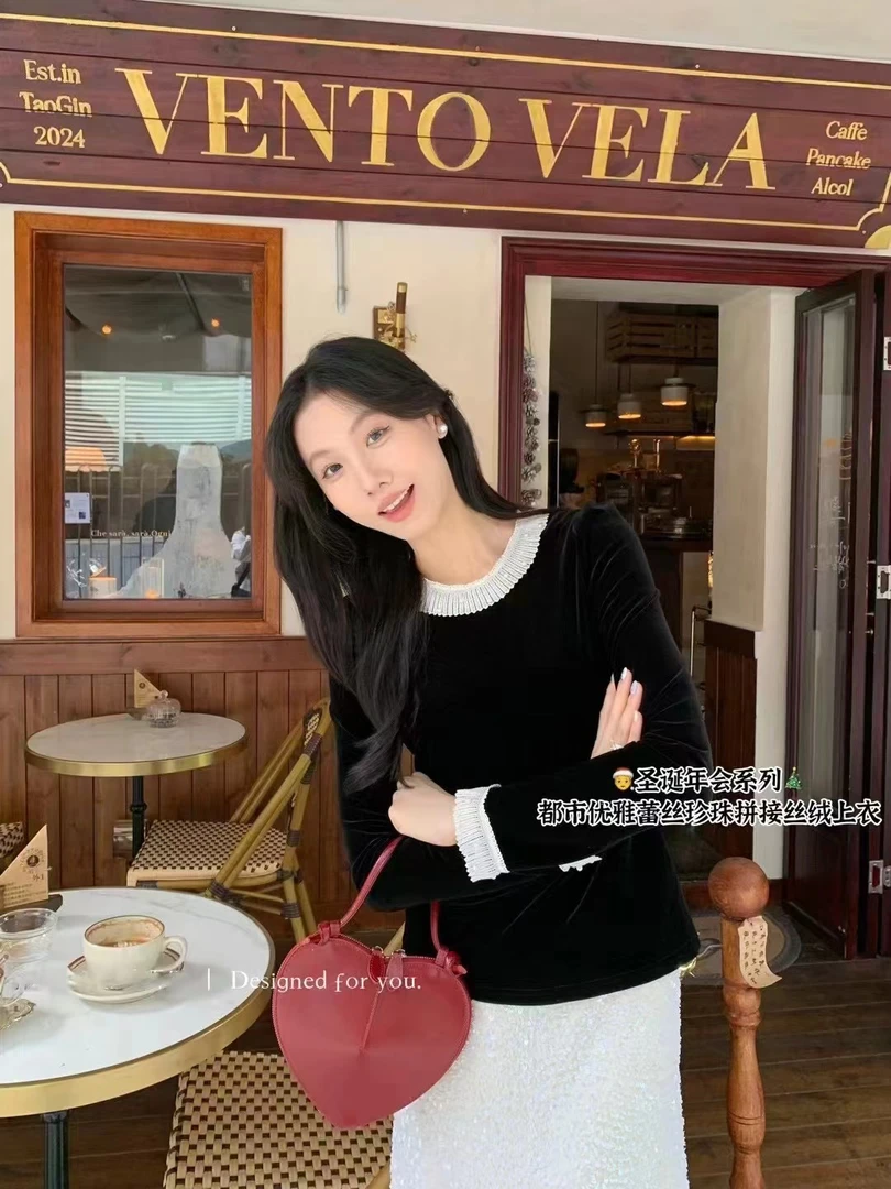 8176 法式蕾丝撞色拼接珍珠丝绒上衣 s 1.3