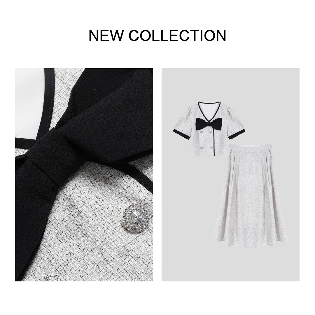 【婷婷专属】D1F27061 蝴蝶结装饰短袖上衣+高腰长裙套装-7061