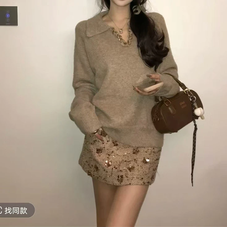 法式水钻亮片v领毛衣女秋宽松设计感小众针织网红洋气炸街女装