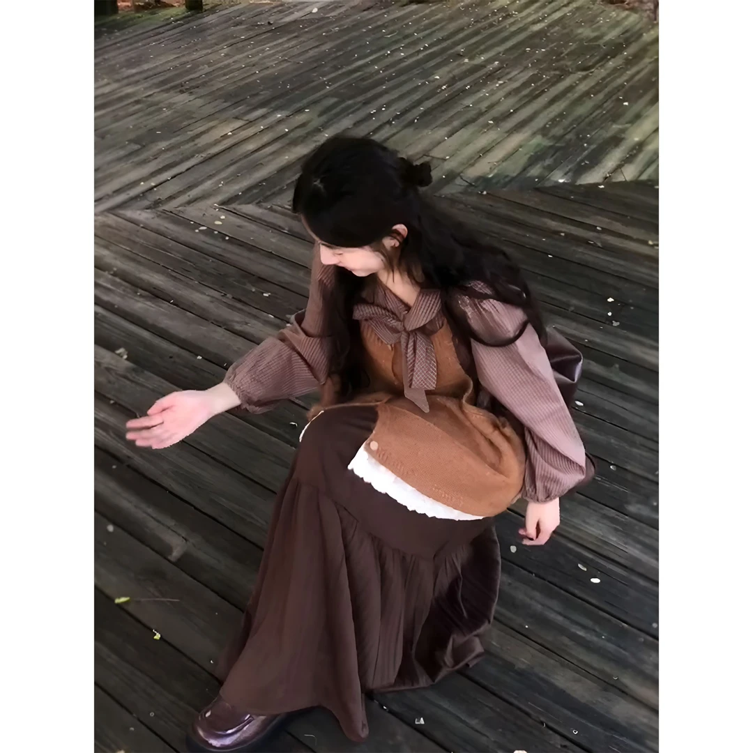 MARIE.COCO韩系美拉德马甲叠穿蝴蝶结长袖衬衫上衣半身裙三件套装