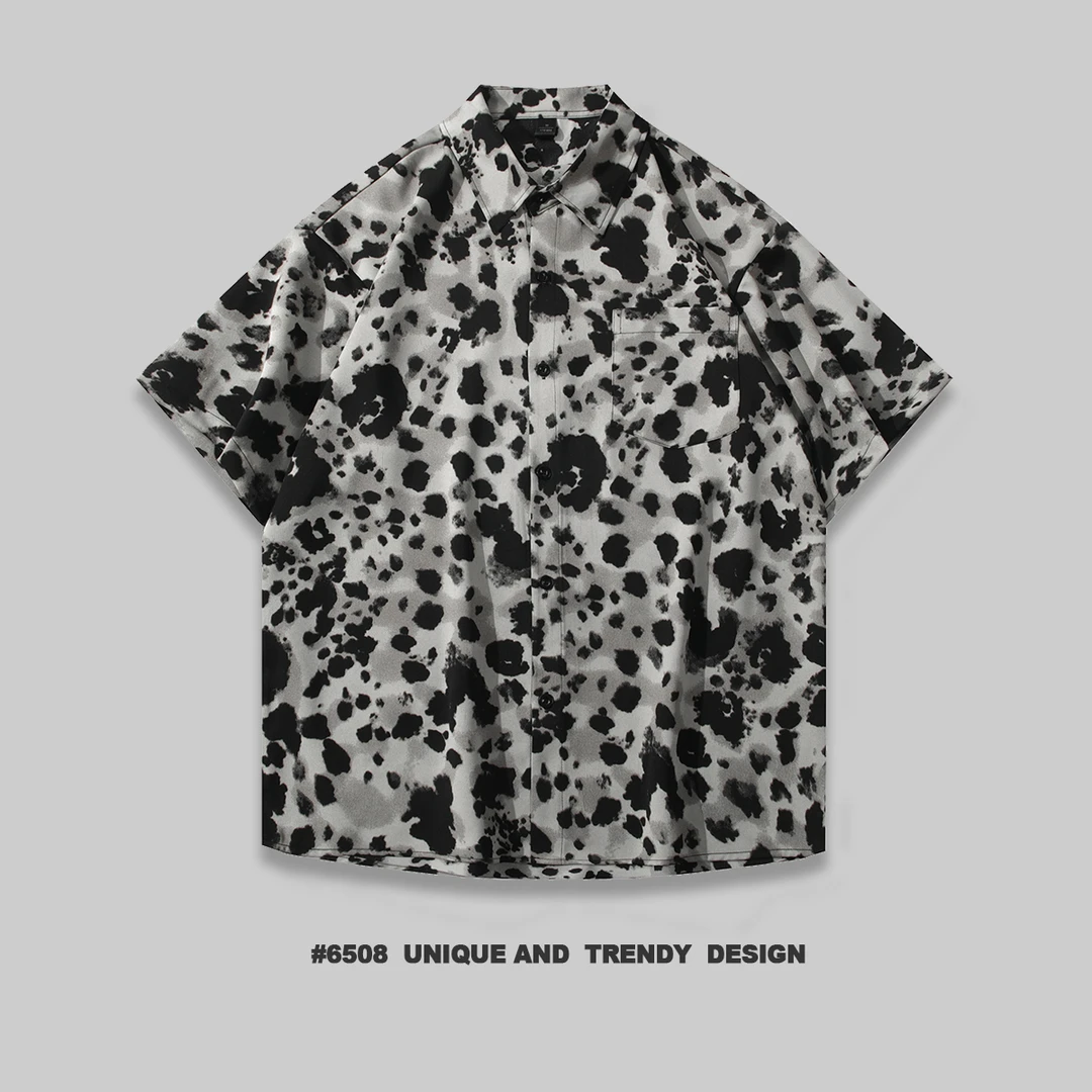 水墨风豹纹夏威夷度假风高级感男装短袖衬衫夏季宽松冰丝痞帅衬衣