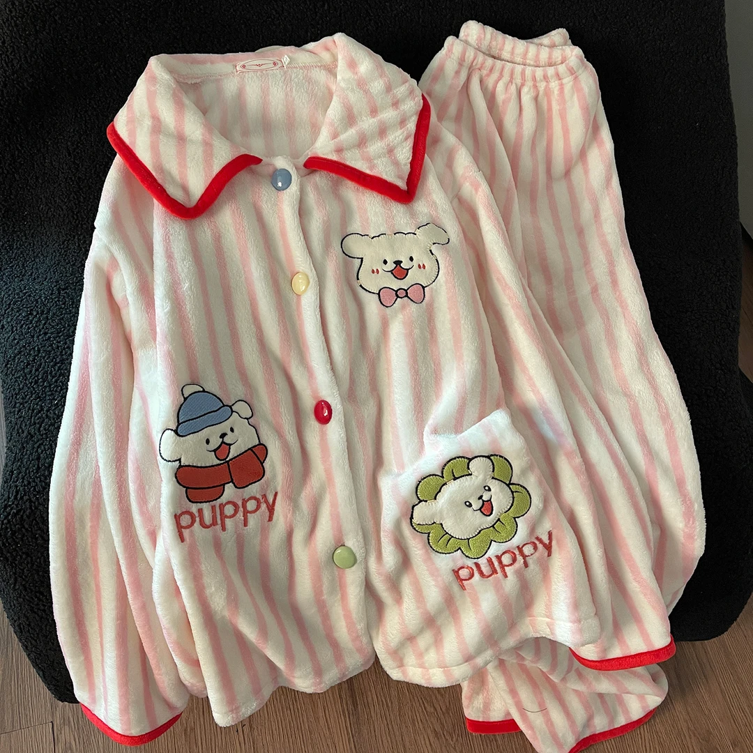 粉色条纹小狗睡衣女新款冬季天加绒加厚法兰绒甜美家居服保暖套装