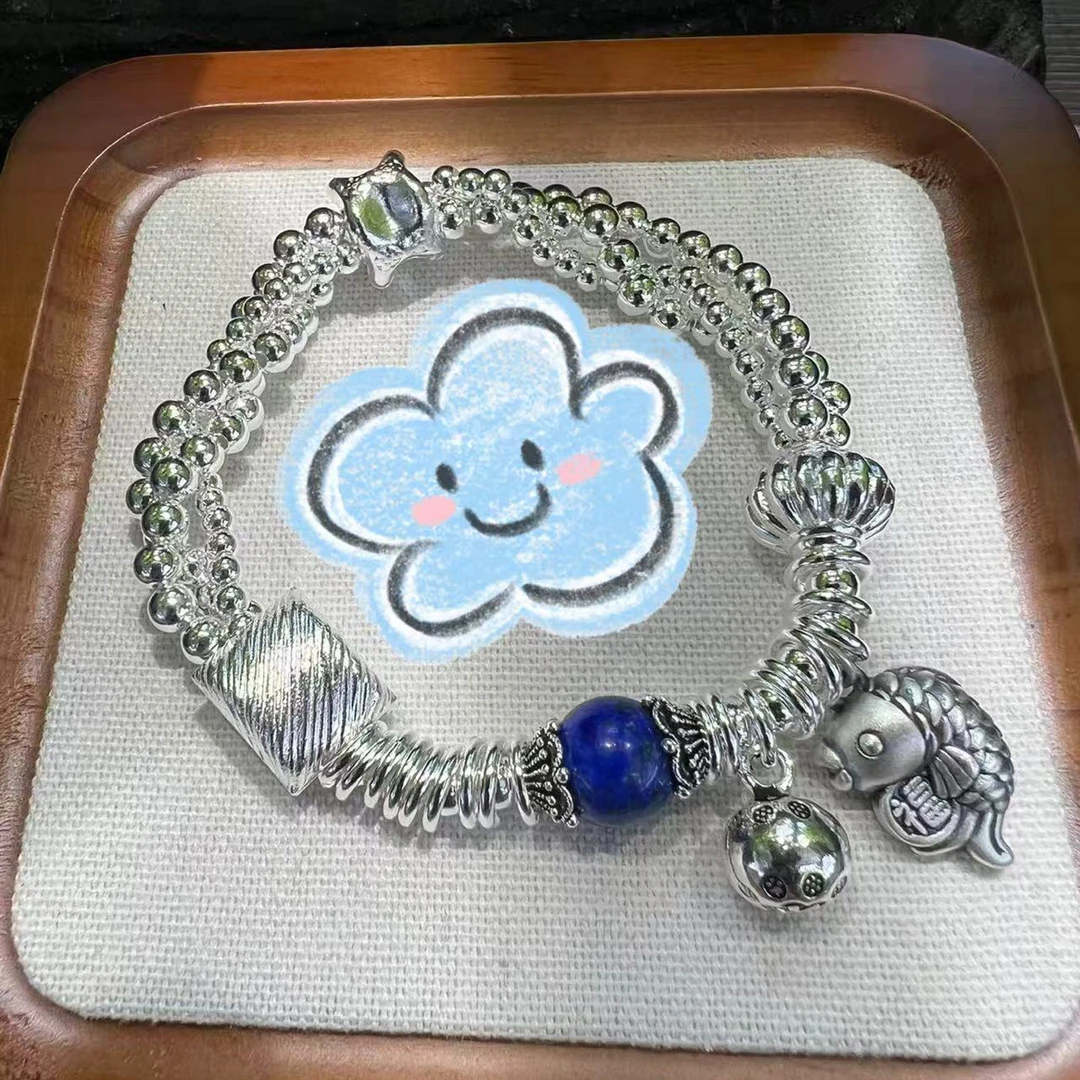 足银手链 足银蓝色珠小鱼个性银手链